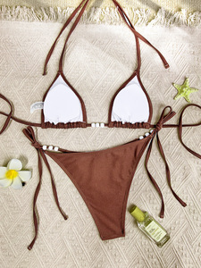 2026 New European-American Halter Lace-Up Beaded Pendant Solid Color Triangle-Cup Two-Piece High-Elastic Backless Bikini - Product Image 6