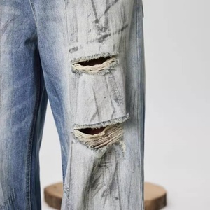 Jeans Unisex de Pierna Recta, Estilo Hip Hop Vintage, Transpirables, Tejidos, Desgastados, Rotos, para Otoño/Primavera/Verano, MOQ Bajo Personalizable - Product Image 4