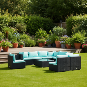Set Lounge da Giardino in Rattan Nero con Cuscini Blu Acqua, Arredamento Contemporaneo per Esterni, Posti a Sedere per Giardino, Capacità 10+ - Product Image 2