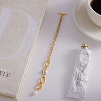 Bracelet chaîne avec pendentif perle d'eau douce, plaqué or 18 carats, acier inoxydable, fermoir à bascule imprimé floral en acrylique, bijoux classiques