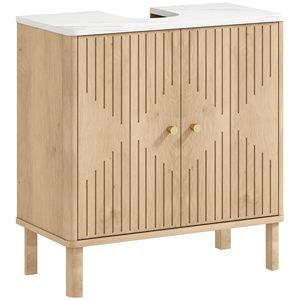 Meuble-lavabo SENYUWood avec design cannelé et portes de rangement, style scandinave, en bois de hêtre, à poser au sol - Product Image 1