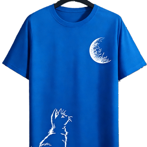 T-shirt Grafica Gatto che Guarda la Luna, Cielo Notturno Celestiale, Maglietta per Amanti degli Animali / T-shirt Oversize in Cotone a Maniche Corte con Gatto e Luna, Streetwear Casual - Product Image 4