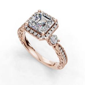 Anillo de compromiso de oro de 14 quilates con diamante cultivado en laboratorio de corte Asscher, detalles intrincados de filigrana, piedra lateral, elegante halo, certificado IGI. - Product Image 2