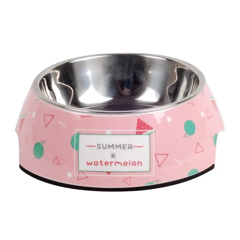 Colorful Cute Print Stainless Steel Dog Bowl Dog Cat Pets Silicone Anti-slip Bowl