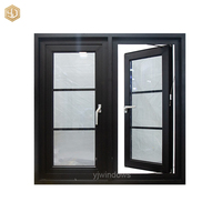 Ventana Abatible de Aluminio Negra Personalizada con Vidrio de Rejilla Simétrica y Mosquitera, Venta al Por Mayor de Fábrica