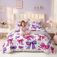 Parure de lit 7 pièces pour filles Princesse à volants, motif nœud et cœur rose et violet, avec couette, drap plat et drap-housse