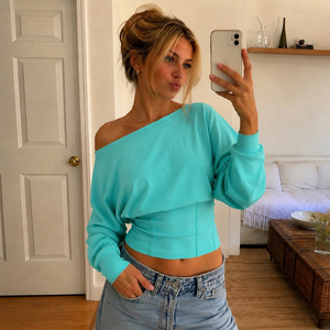 Women Casual Loose Asymmetrical off Shoulder Long Sleeve Crop <b>T</b> <b>Shirt</b> Ruched Waist Solid Color Fashion Top - Product Image 6