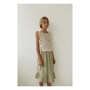 Comfortable Children'S Crinkled Effect Organic Cotton Plain Ruched Long Skirt With Elasticated Waist