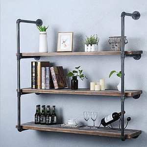 औद्योगिक मचान शैली दीवार घुड़सवार पाइप शेल्फ के साथ लकड़ी के लिए अस्थायी रैक घर की दीवार सजावट - Product Image 2