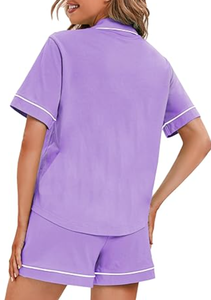 Set <span class=keywords><strong>pigiama</strong></span> Casual in <span class=keywords><strong>cotone</strong></span> 100% abbottonato da <span class=keywords><strong>donna</strong></span> elasticizzato in vita traspirante manica corta estiva taglie 5XL 6XL modello solido anteriore - Product Image 3