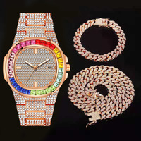 3pcs Jewelry Set Full ice Rhinestone Cuban Chain Watch Ensemble de bijoux Hip Hop de luxe pour hommes Collier Bracelet Montre