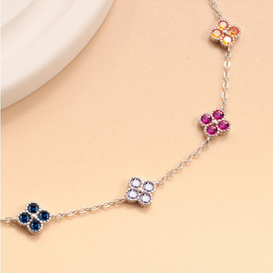 Fine Four Leaf <b>Clover</b> 925 Sterling Silver Chain Link <b>Bracelet</b> with Bezel Set Colorful Zircon Ladies Handmade Customer Jewelry - Product Image 2