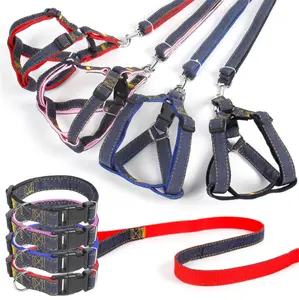 Stocks Different Sizes Dog Accessories Set Cowboy Fabric Pet Leash Collar Harness Dog Combination Wholesale