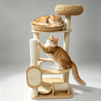 Arbre à chat multi-niveaux WoodPaw en MDF écologique avec capsule spatiale et panier en rotin tressé à la main, montage facile, design moderne et luxueux