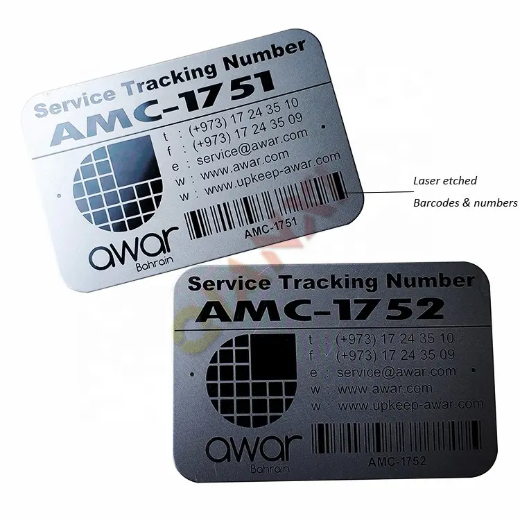 Etiquetas de aluminio con código de barras para código QR, números de serie grabados de Metal