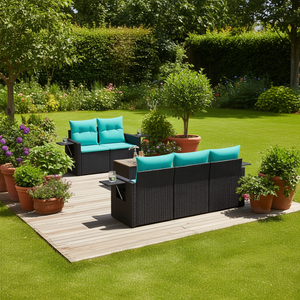 Black Poly <b>Rattan</b> Garden <b>Sofa</b> Set With Cushions 6 Seater Outdoor Furniture Contemporary Design - Product Image 2