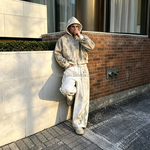 Men's Hooded Sweatshirt <b>Set</b> Printed French Terry Street Style Autumn Wear White with Silver Pattern - Product Image 1