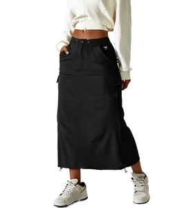 SMO black skirt drawstring cargo skirts with pockets y2k long skirts