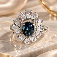 Bague en argent sterling 925 ajustable avec topaze bleue de Londres, pierre centrale ovale et grappe florale, bijoux fins personnalisés pour femme