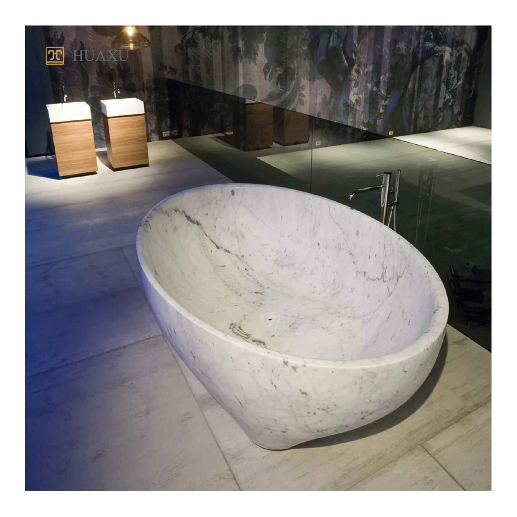 Huaxu lüks özel şekil yuvarlak Oval el Craved İtalya doğal taş ücretsiz ayakta Carrara beyaz mermer küvet