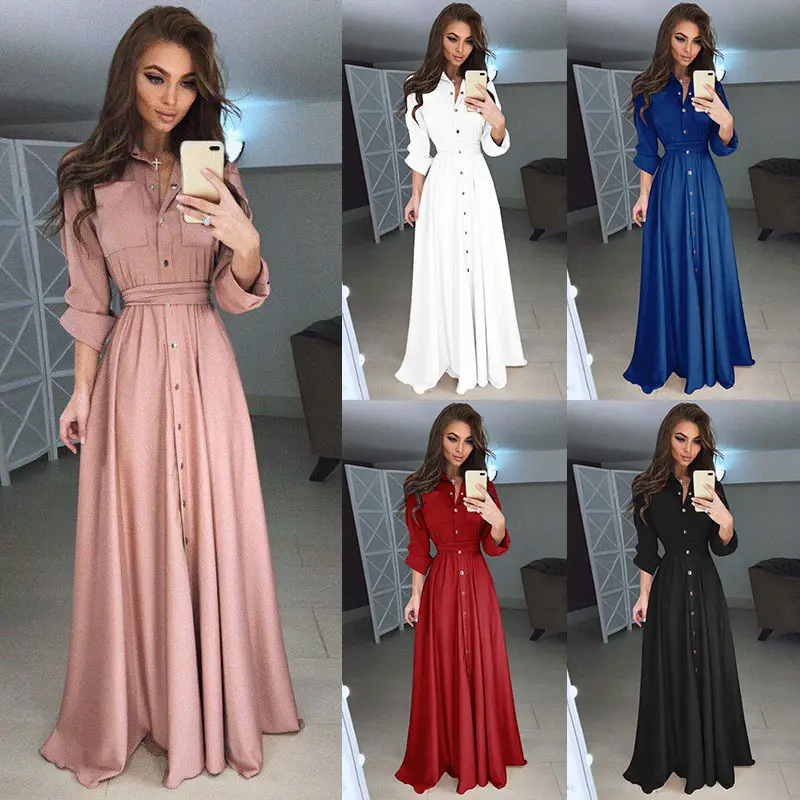 Wish Plus Size Women Slim Button Dress Shirt Long Sleeve Maxi Shirts Dress