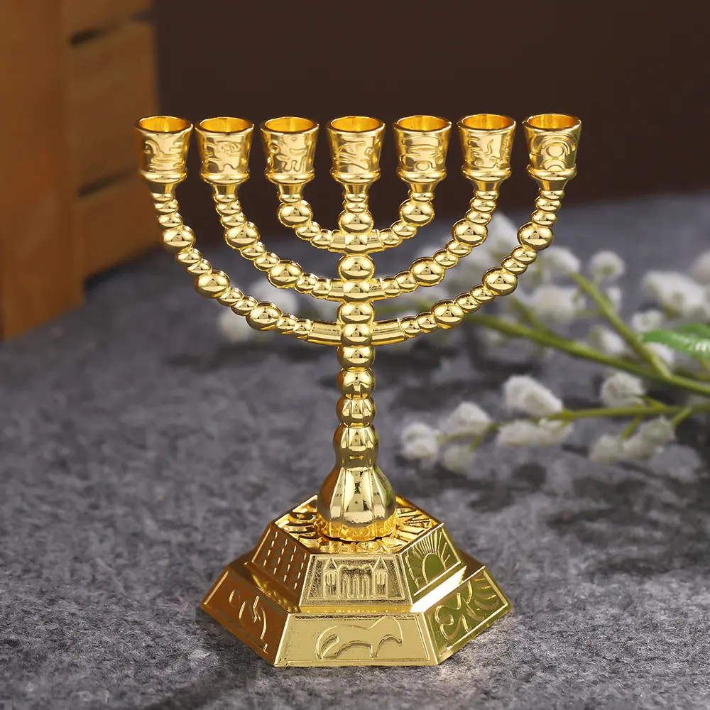 7 jüdische Kerzenständer gold religiöser Tisch Metalldekoration Gold vintage Metall mehrköpfiger Kerzenhalter