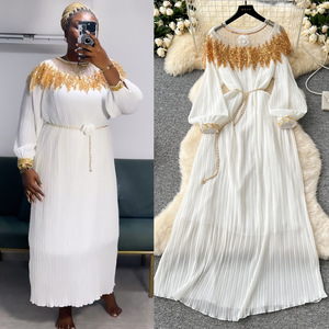 Vintage <b>Sequin</b> Embroidery Long Pleated Bubble Sleeve Women's Pleated Dresses Fashion - Product Image 2