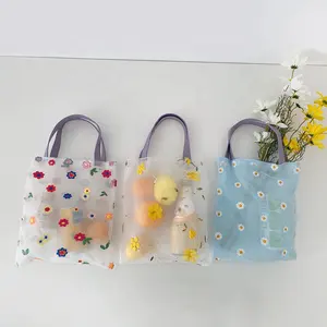 Frauen transparente Tasche Doppel Organza Garn Stoff Tasche Stickerei Blumen Handtasche Hochwertige Öko Einkaufstasche Geldbörsen für Mädchen