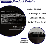 Baterai Laptop PP03XL untuk HP Pavilion x360 13-BB 13-BB0000 14-DV 14M-DW 14-DK 15-EH 15-EH0000 Series seri 11.55V 43.3Wh