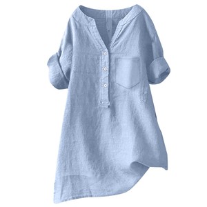 Blusa Asimétrica de Lino Azul Claro para Mujer, Cuello en V, Manga Tres Cuartos, Corte Holgado Informal, Color Sólido, Transpirable, para Primavera/Verano - Product Image 1
