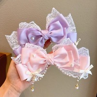 Joli Bandeau Nœud en Dentelle pour Enfants avec Pompons de Perles et Épingle à Cheveux en Voile, Mignon Cadeau de Fête, Accessoire Capillaire