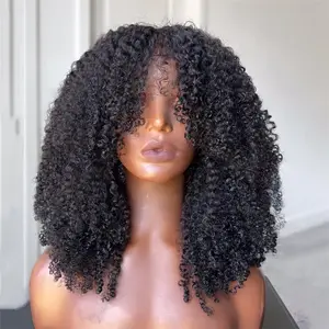 Afro Kinky Curly Bob Wigs with Bangs Full Machine Made Scalp Top Wig Raw Indian Curly Human Hair Wig For Black Women 200 Density