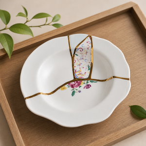 Assiette en porcelaine blanche style Kintsugi, réparation dorée, motif floral, pour l'hôtellerie - Product Image 6