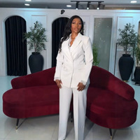 Costume deux pièces pour femme, blazer blanc à revers croisé, poignets en dentelle, taille ajustée, pantalon droit, élégant, pour le bureau et les affaires