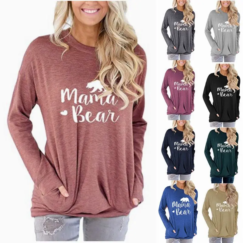 Factory Long Sleeve Causal Hoody Women Mama Bear Letter Printed Tunic Tops