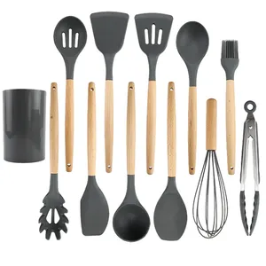 Set peralatan masak silikon, spatula silikon pegangan kayu set alat dapur silikon memasak