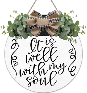 Custom 1pc Ready To Ship It is Well with My Soul Wreaths Family Round Wood Hanging Sign with Ribbon Bow Wall Art Decor