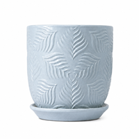 Lot de pots de fleurs en céramique motif feuille bleue avec plateau, haut de gamme, pour la maison et le bureau, ensemble de jardinières décoratives de luxe