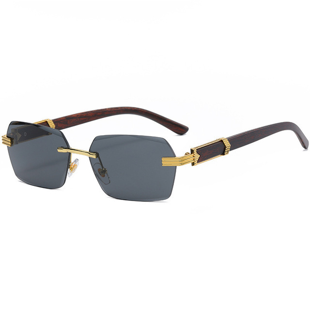 Vintage Retro Rimless Sunglasses for Men Women Diamond Cut Lens UV400 Protection Wood Grain Temple Design Luxury Fashion Eyewear