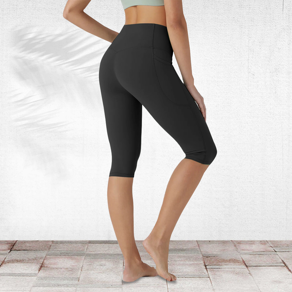 Women's Non See Through Tummy Control  Athletic Running Pocket Capri Leggings  High Waisted Capris Yoga Pants with Pockets
