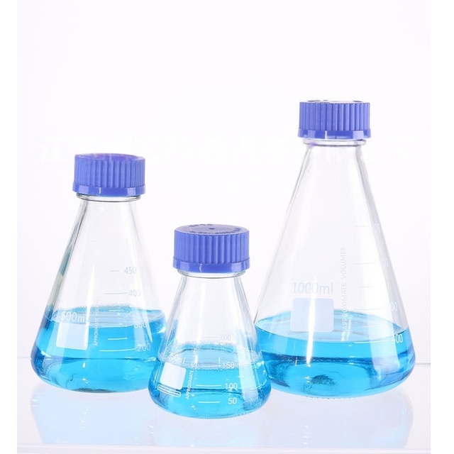 100 Ml250ml500ml1000ml Conical Transparent Glass Bottle Blue Cap Sealed Laboratory Sampling Reagent Bottle Silk Bottle