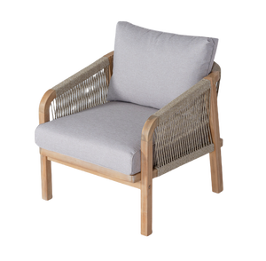 Ensemble de canapés modernes 4 pièces pour patio extérieur Mobilier de jardin durable tout temps Coussins gris clair Cadre en bois massif ACACIA avec corde - Product Image 1