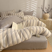 Selimut Kasur 100% Katun Krep 3 Pcs Set Motif Garis-garis, Kain Kasa Kerut, MOQ Rendah, Set Sprei Toko Butik Shopify