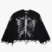 Camiseta de manga larga de punto gofrado de 300 g/m² para hombre, estilo Y2K gótico urbano, con estampado de esqueleto desgastado, venta al por mayor y personalizada
