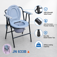 Chaise de toilette pliante bleu clair avec siège annulaire, couvercle, accoudoirs, ensemble de seau et cadre noir pour chevet