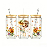 Fille Dessin Animé Fleurs UV DTF Wrap Gobelet Imperméable Autocollant Transfert Design Ludique pour Tasse Verre Cadeau Créatif