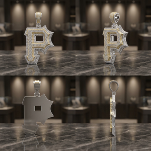 Pendentif personnalisé en moissanite lettre P |   Breloque Alphabet Bicolore Effet Glacé |   Argent 925 plaqué rhodium, initiales Hip Hop (unisexe) GRA - Product Image 3