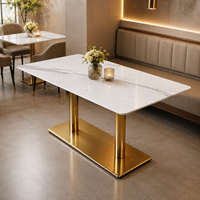 Table de restaurant rectangulaire avec plateau en pierre frittée, base à double poteau en laiton, résistante aux rayures et à la chaleur
