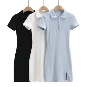 Fashion Women's Polo Dress 100% Cotton Polo Shirt Women Knit Dress Summer Body Con Sexy Casual Split Design Ladies Polo Dress