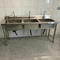 Wastafel Dapur Komersial 3 Kompartemen Baja Anti Karat 300kg/m Beban Tahan Lama, Finishing Matte, Anti Selip, Dilengkapi Backsplash